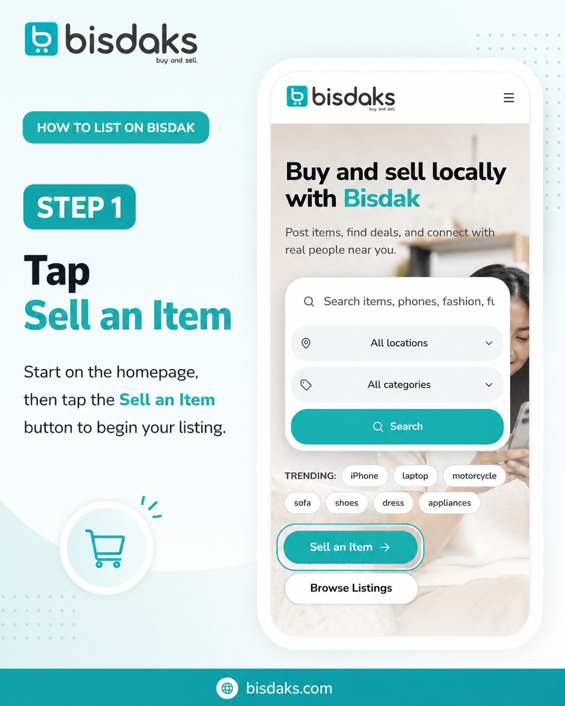 Step 1: Tap the Sell an Item button on the Bisdak homepage.